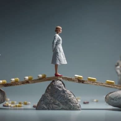 This shows a woman on a scale with people pointing at her.