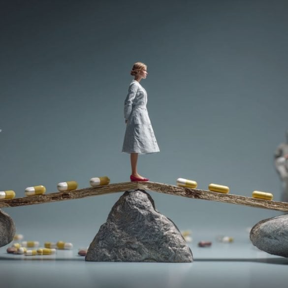 This shows a woman on a scale with people pointing at her.