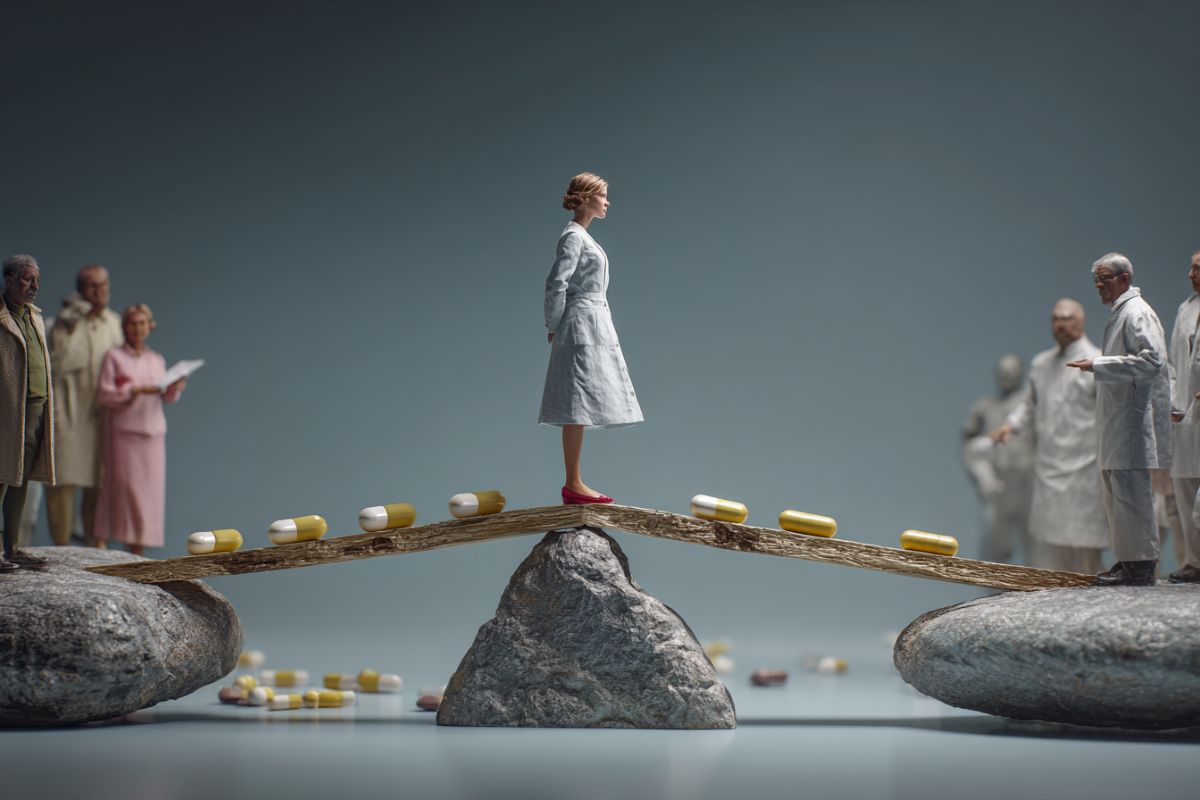 This shows a woman on a scale with people pointing at her.