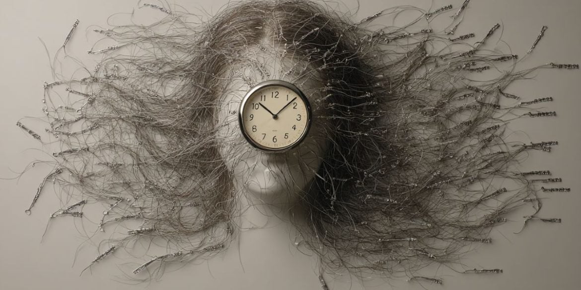 This shows a woman with her hair flowing and a clock.