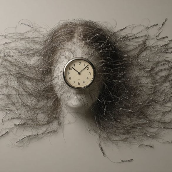This shows a woman with her hair flowing and a clock.