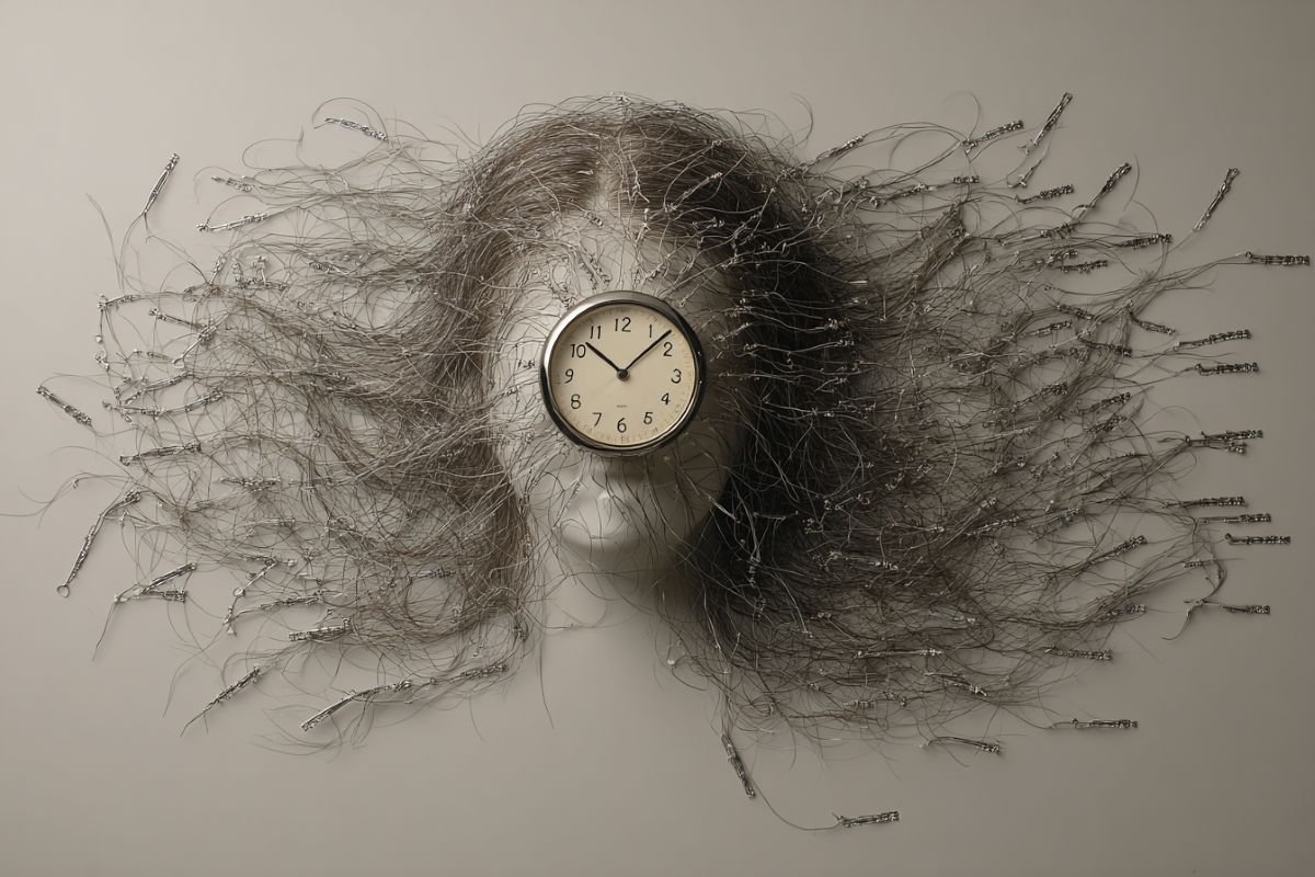This shows a woman with her hair flowing and a clock.