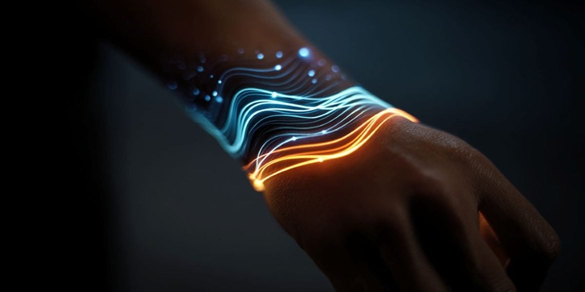This shows glowing lights around a wrist, symbolizing haptic feedback.
