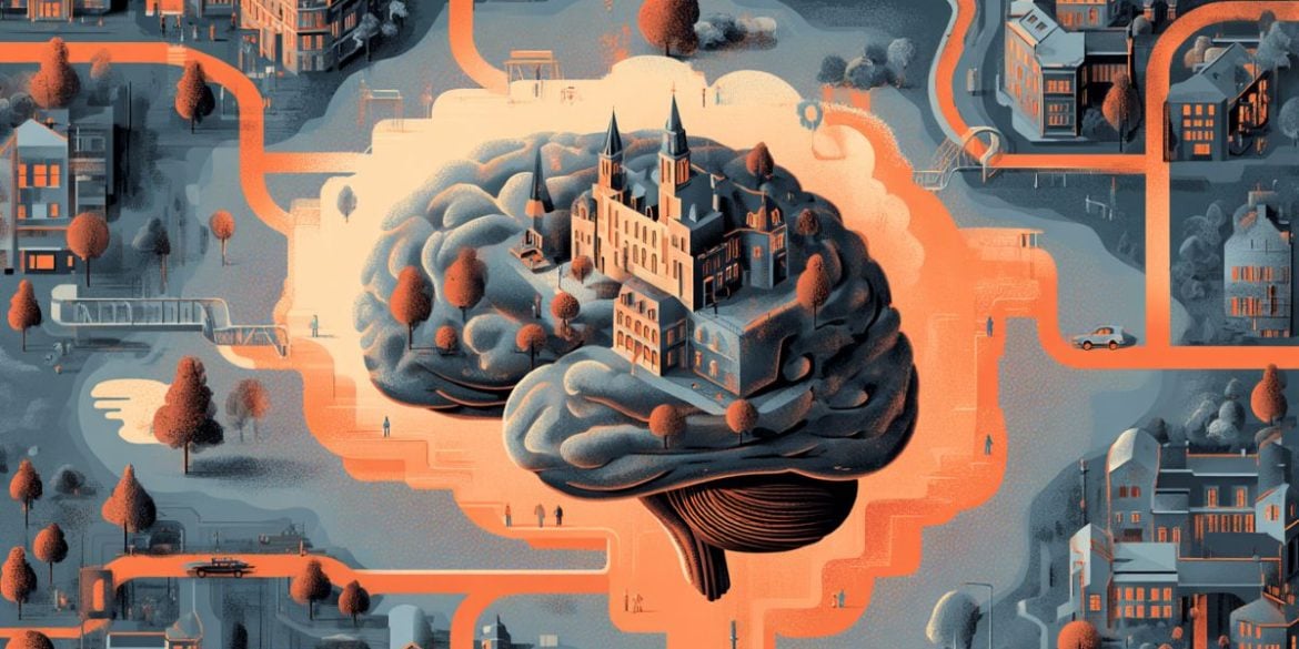 This shows a brain surrounded by buildings and a road.