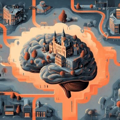 This shows a brain surrounded by buildings and a road.