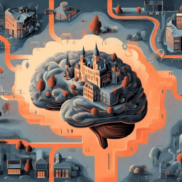 This shows a brain surrounded by buildings and a road.