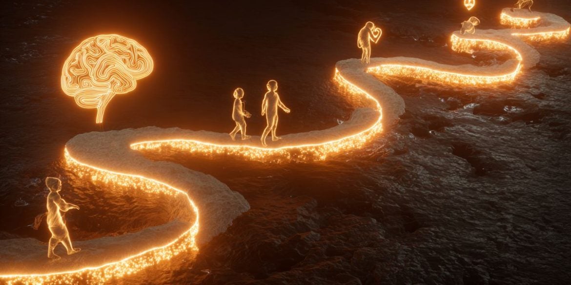 This shows a brain and people of different ages walking on a path toward it.