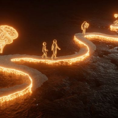 This shows a brain and people of different ages walking on a path toward it.