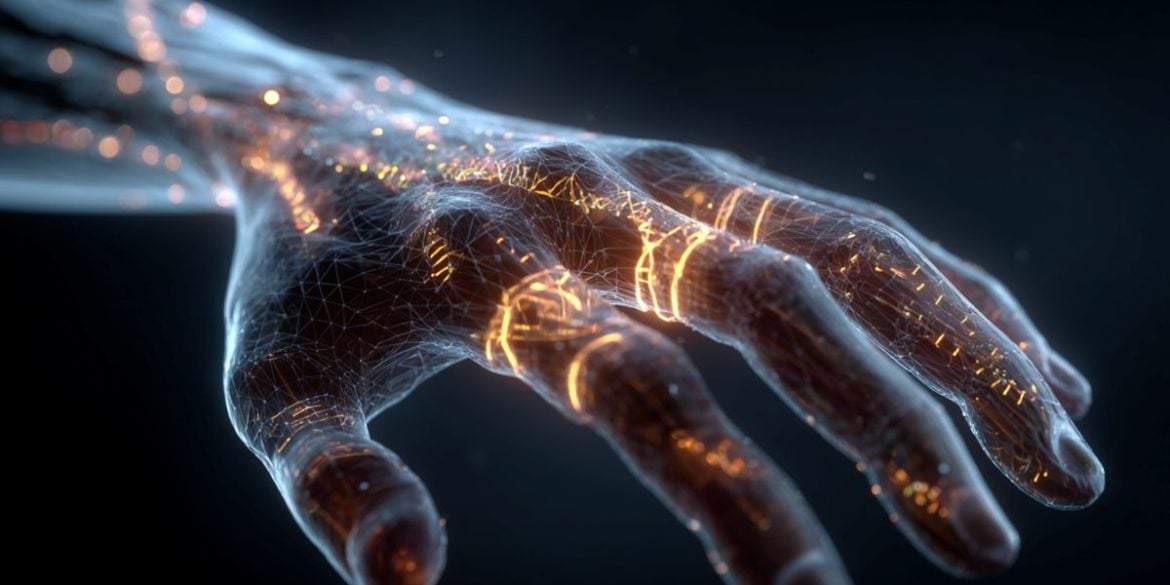 This shows a glowing hand and DNA.