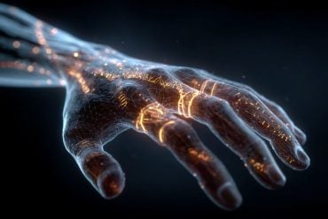 This shows a glowing hand and DNA.