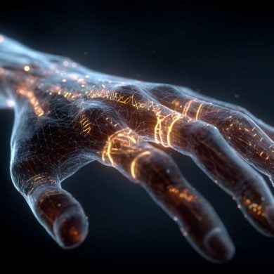 This shows a glowing hand and DNA.