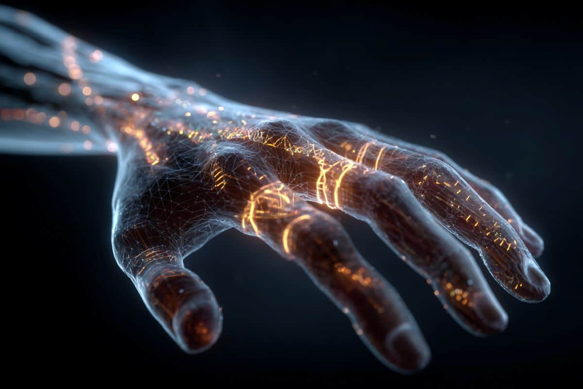 This shows a glowing hand and DNA.