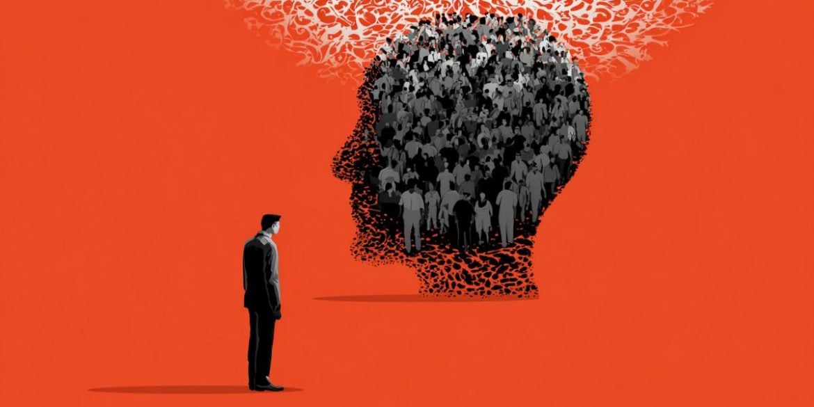 This shows a person looking at a head made of a crowd of people.