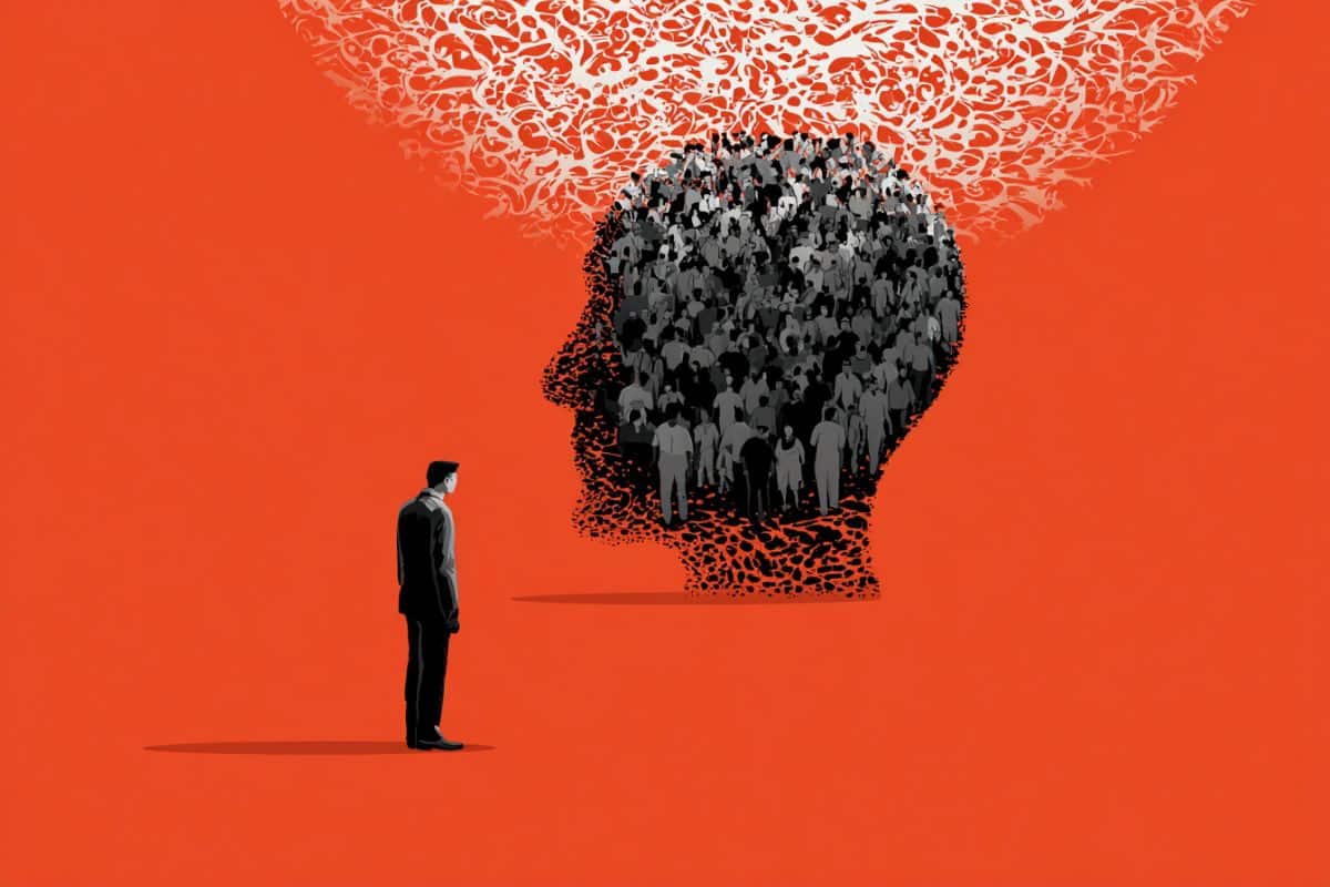 This shows a person looking at a head made of a crowd of people.