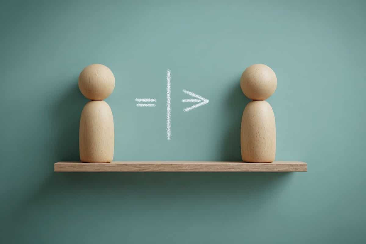 This shows two wooden figures and math symbols.