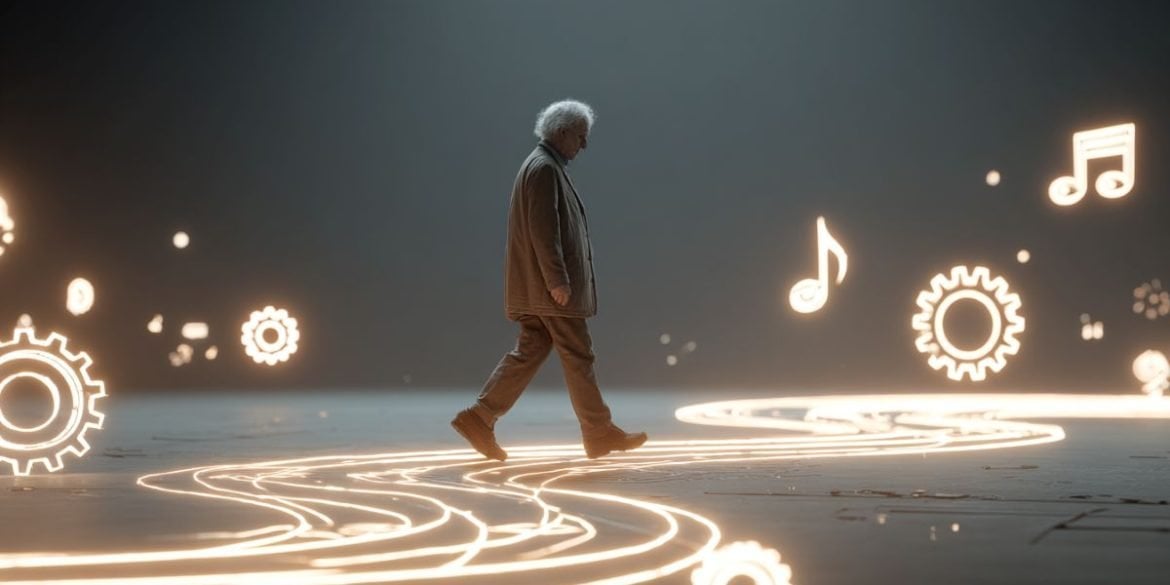 This shows an older man walking, surrounded by music notes and gears.