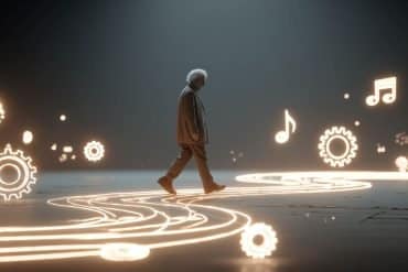 This shows an older man walking, surrounded by music notes and gears.