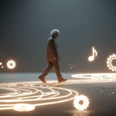This shows an older man walking, surrounded by music notes and gears.