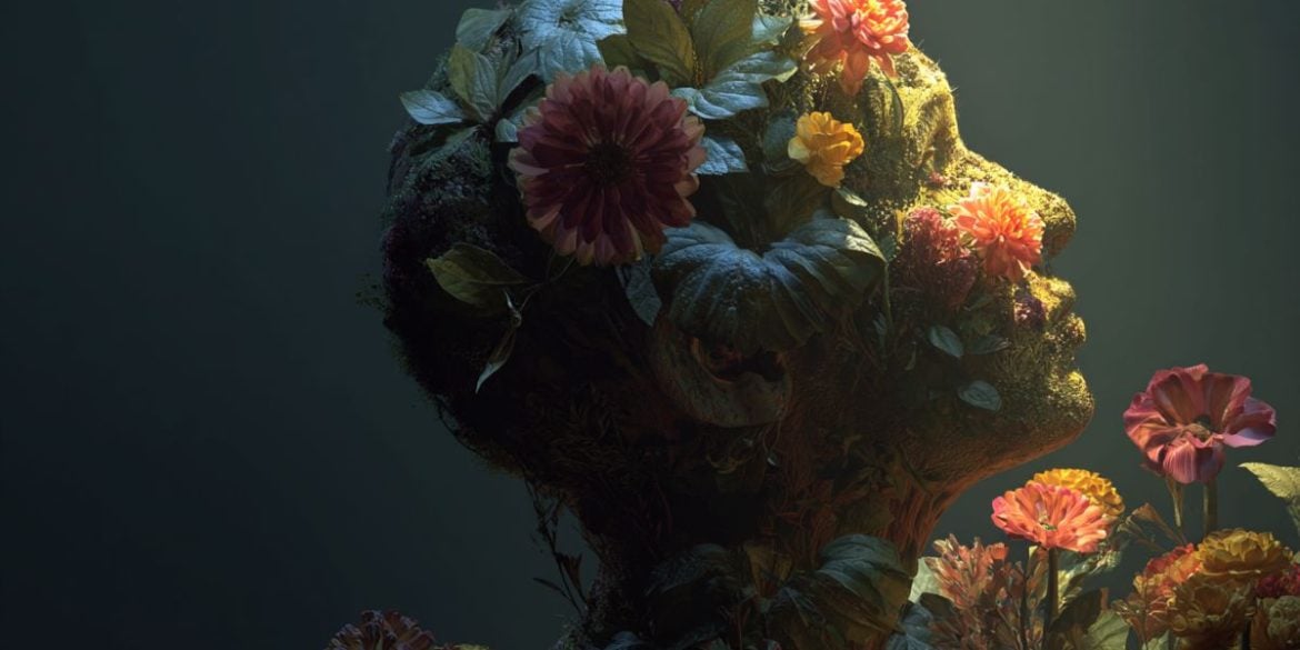 This shows a head and flowers.