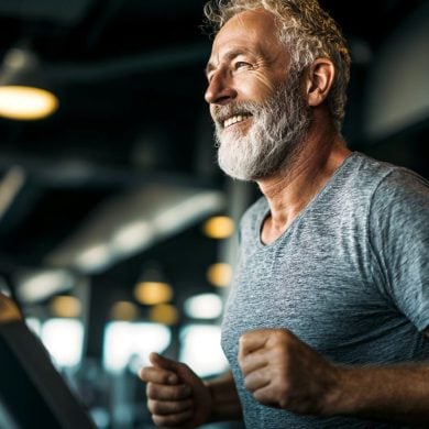 This shows a middle aged man on a running machine.