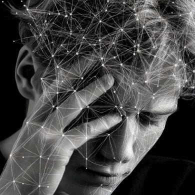 This shows a person holding their head overlayed with a network of lines.