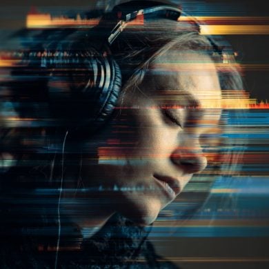 This shows a woman listening to music.