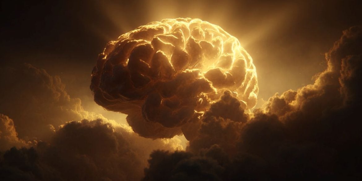 This shows a sunlit brain emerging from dark, stormy clouds.
