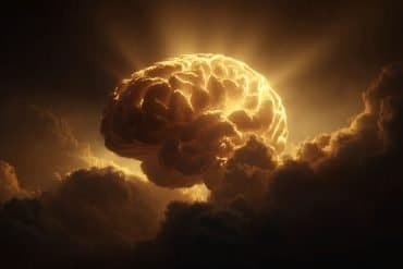 This shows a sunlit brain emerging from dark, stormy clouds.