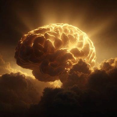 This shows a sunlit brain emerging from dark, stormy clouds.