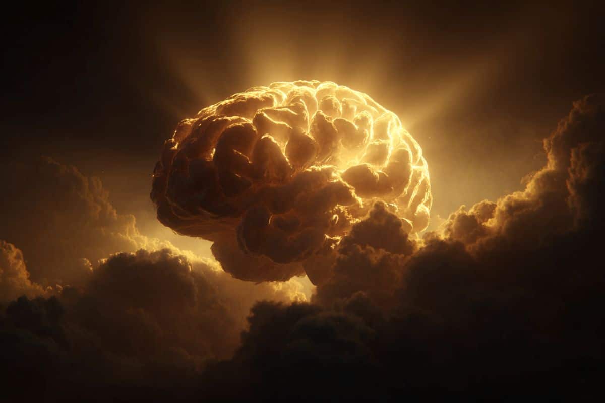 This shows a sunlit brain emerging from dark, stormy clouds.