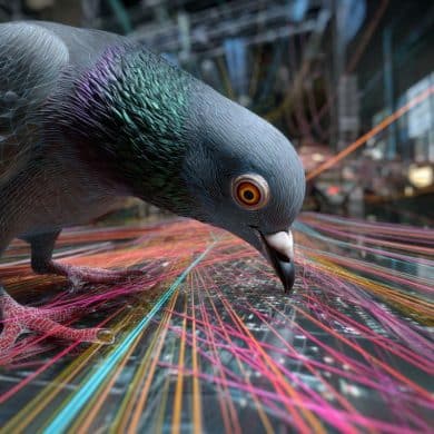 This shows a pigeon pecking at colored lines.