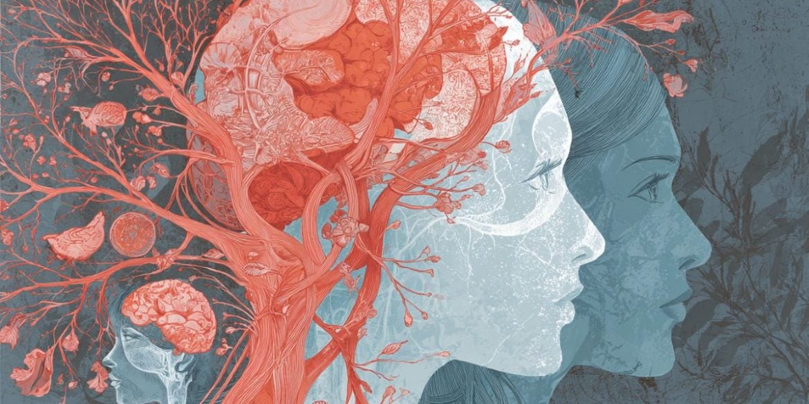 This shows the outline of two women's heads and a brain.