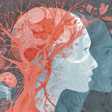 This shows the outline of two women's heads and a brain.