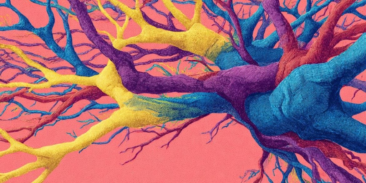 This shows an illustration of colorful, psychedelic neurons.