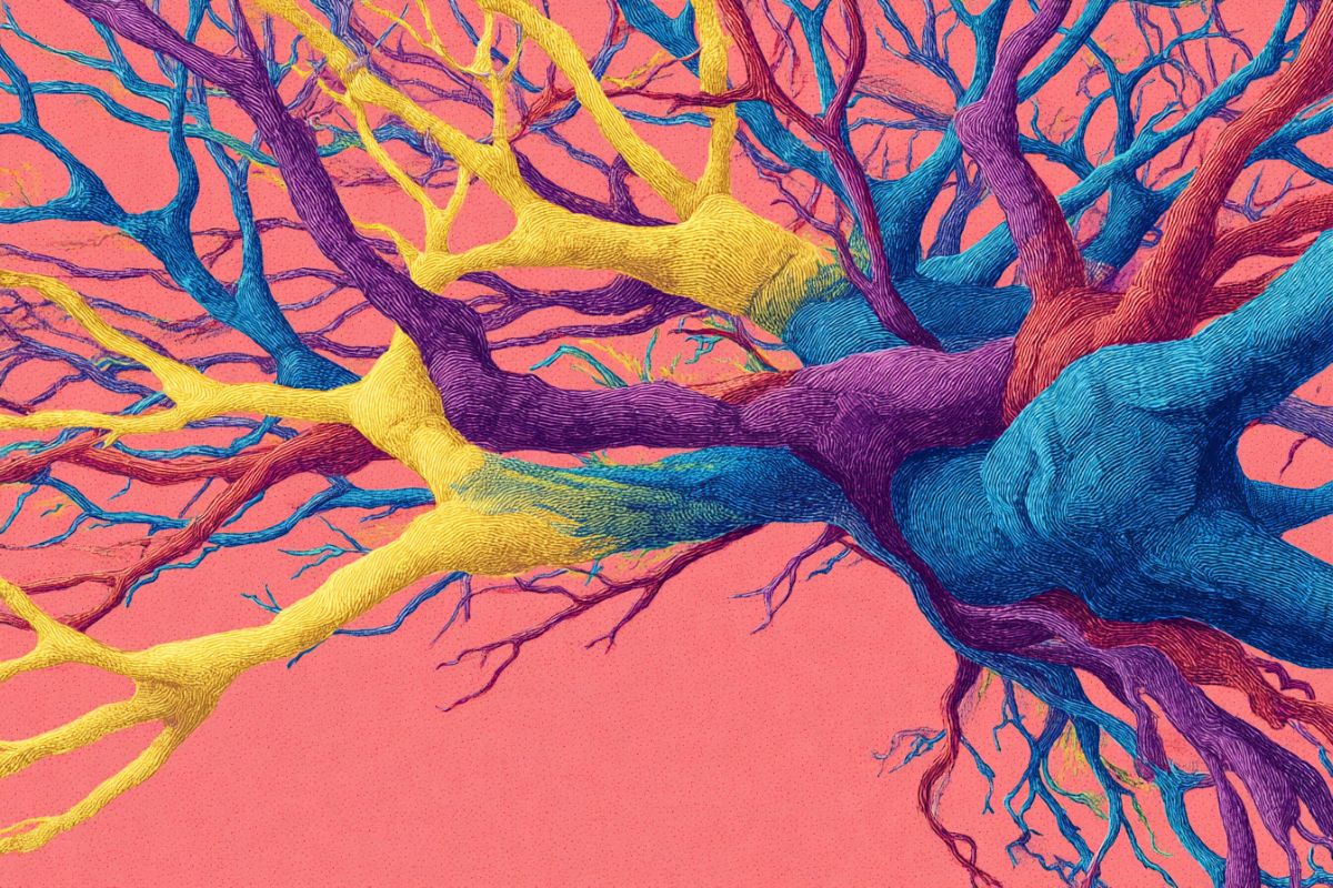 This shows an illustration of colorful, psychedelic neurons.
