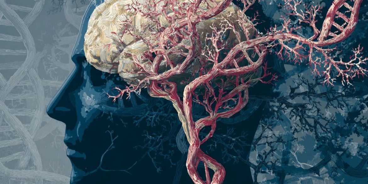 This shows the outline of a head, a brain, and DNA.