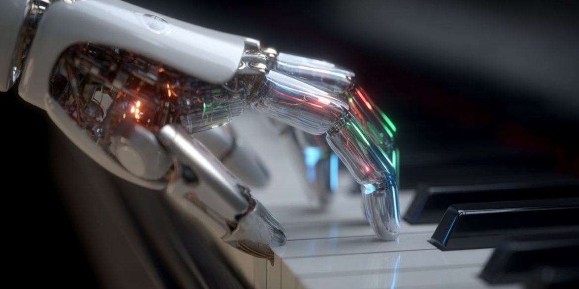 This shows a robotic hand playing a piano.