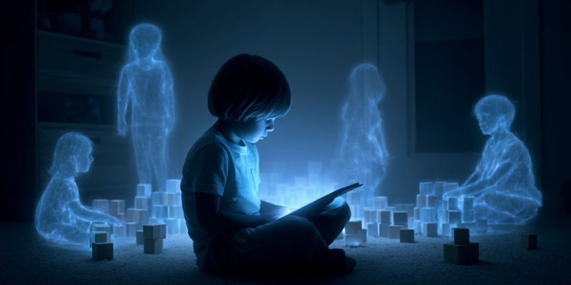 This shows a child looking at a tablet. Behind him are figures of other kids.