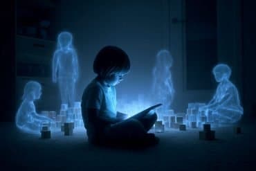 This shows a child looking at a tablet. Behind him are figures of other kids.