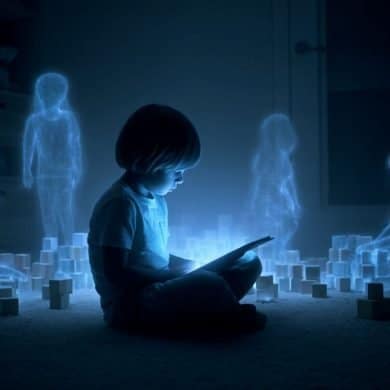 This shows a child looking at a tablet. Behind him are figures of other kids.