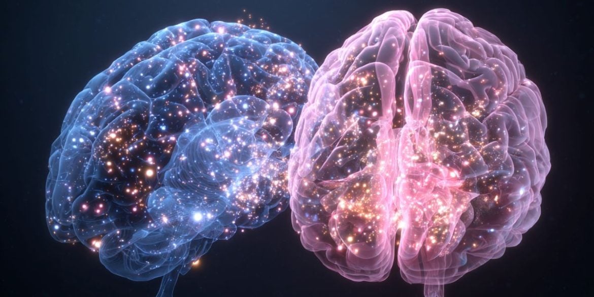 This shows a blue brain and a pink brain, representing the different sexes.