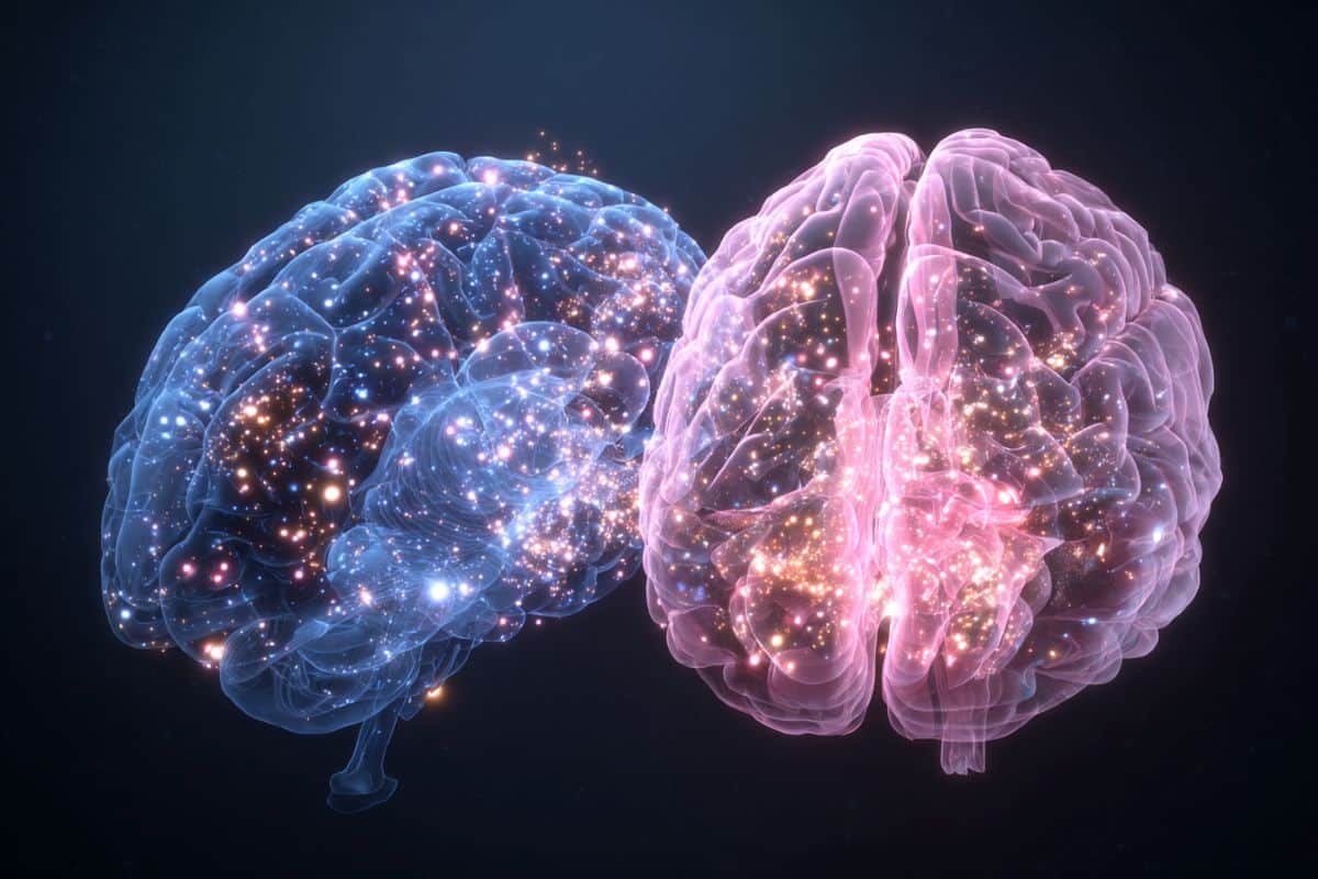 This shows a blue brain and a pink brain, representing the different sexes.