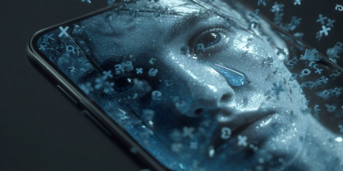 This shows a person crying on a cell phone screen.