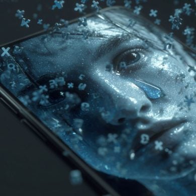 This shows a person crying on a cell phone screen.