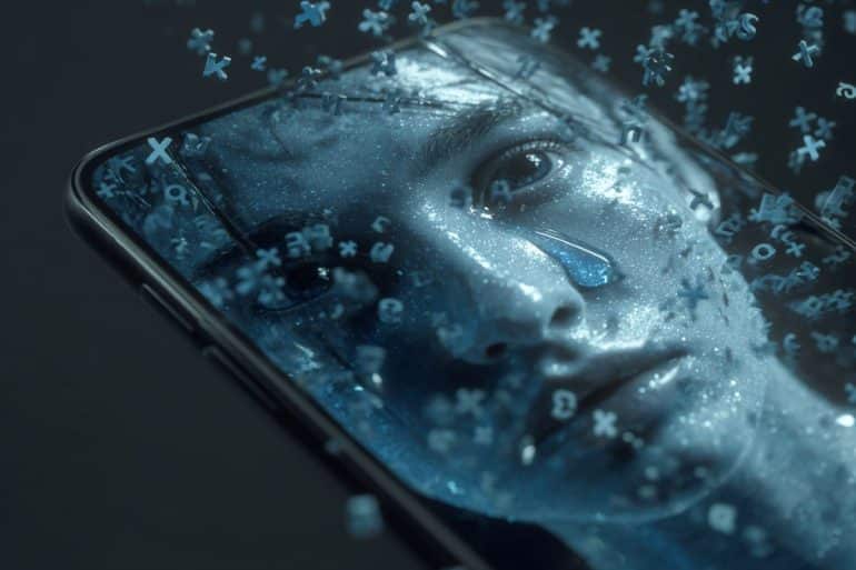 This shows a person crying on a cell phone screen.