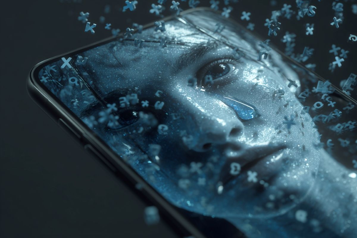 This shows a person crying on a cell phone screen.