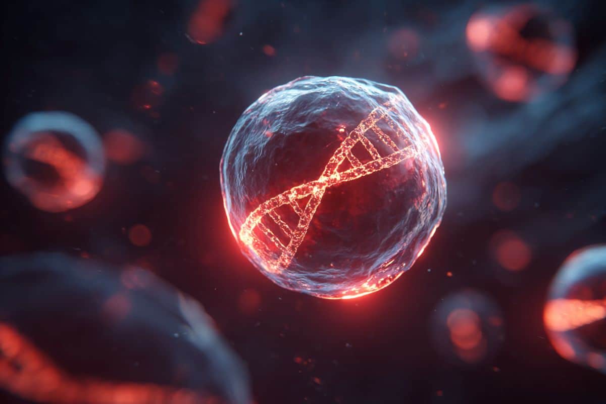 This shows a white blood cell with DNA in the middle.