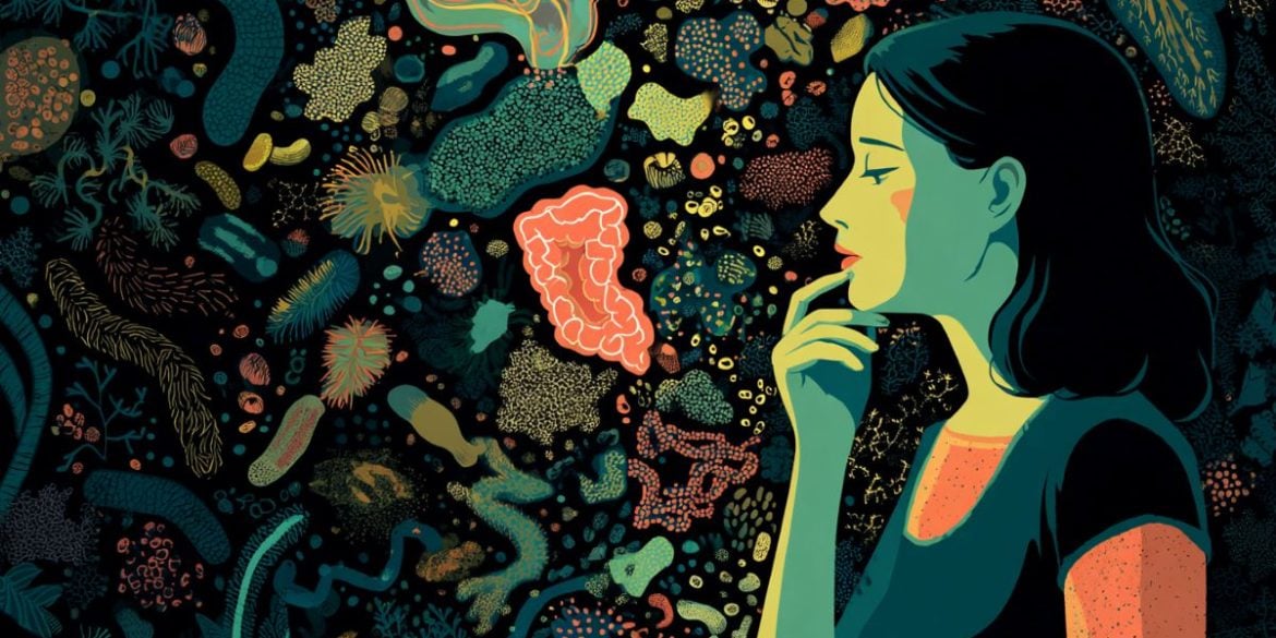 This shows a stressed woman surrounded by bacteria.