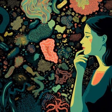 This shows a stressed woman surrounded by bacteria.