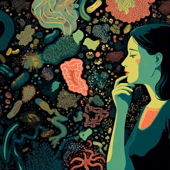 This shows a stressed woman surrounded by bacteria.